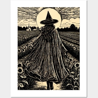 Vintage Witch in Sunflower Field Posters and Art